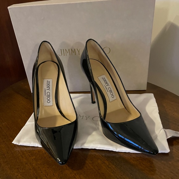 JIMMY CHOO ROMY 100 BLACK PATENT LEATHER HEELS - Picture 3 of 5